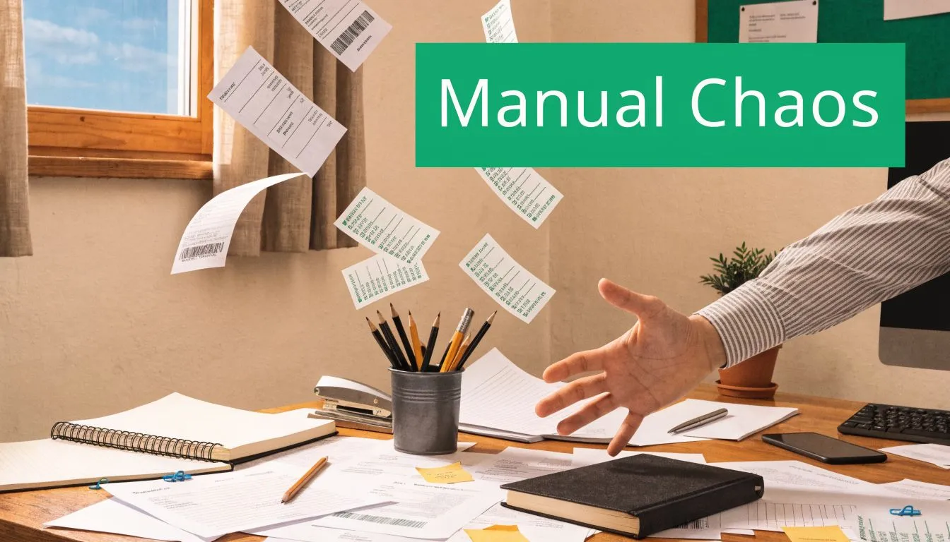 A workspace showing a person reaching out amidst scattered documents, symbolizing manual office work challenges.
