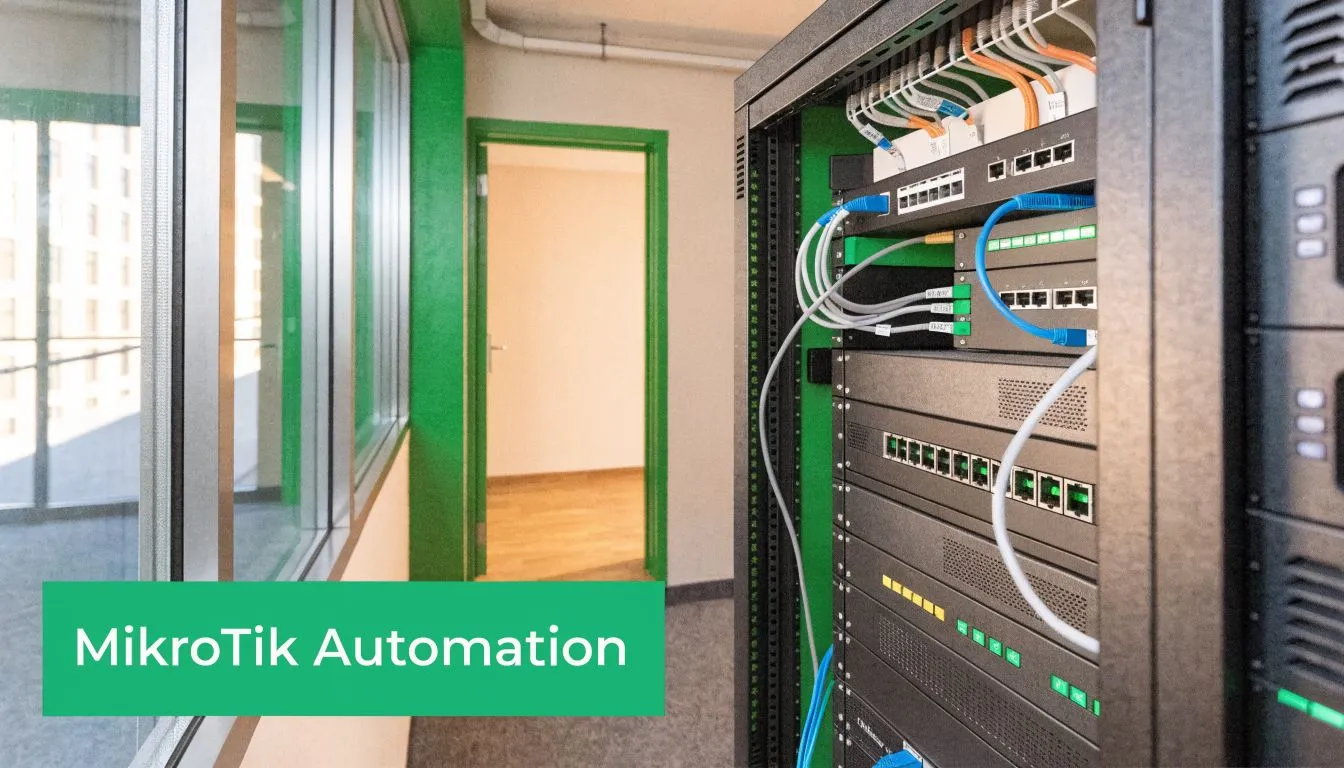 A server rack with network equipment and cables in a brightly lit office with a doorway.
