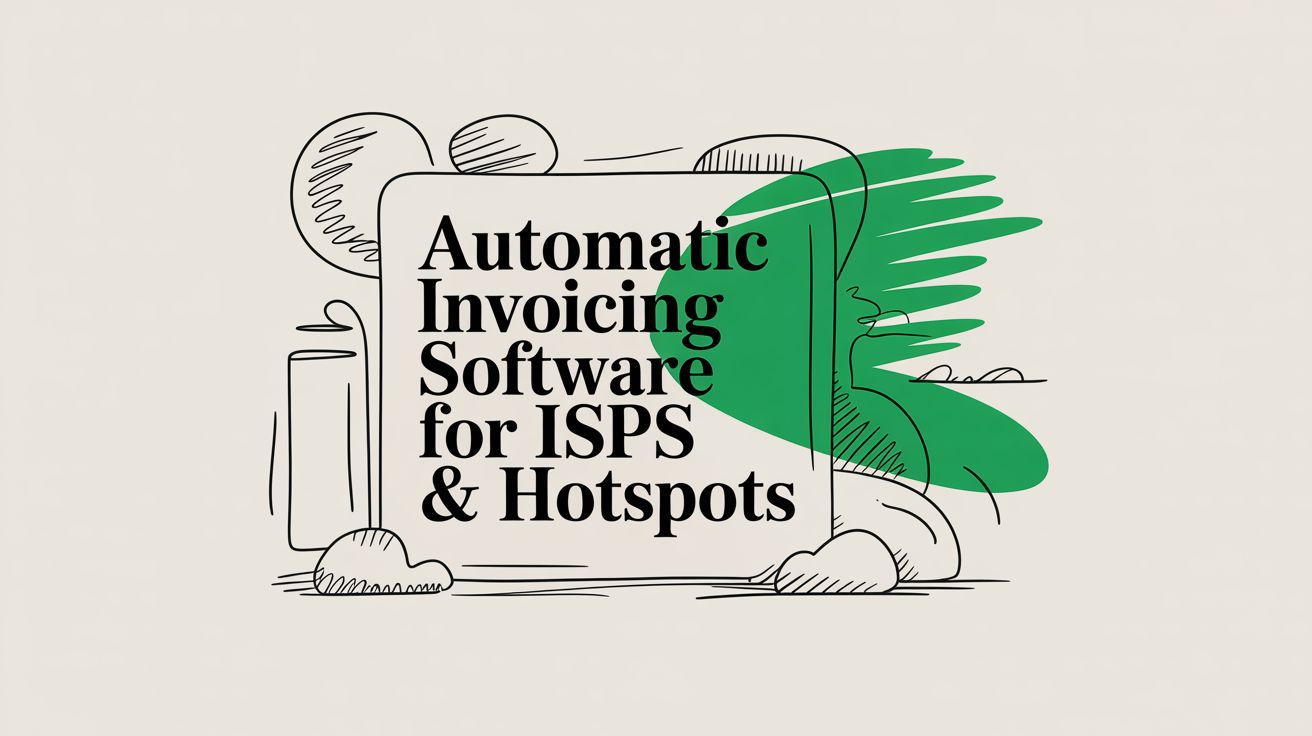 Title card reading “Automatic Invoicing Software for ISPS & Hotspots” on a hand-drawn green sketch of a desk, a filing tray and a brush stroke.
