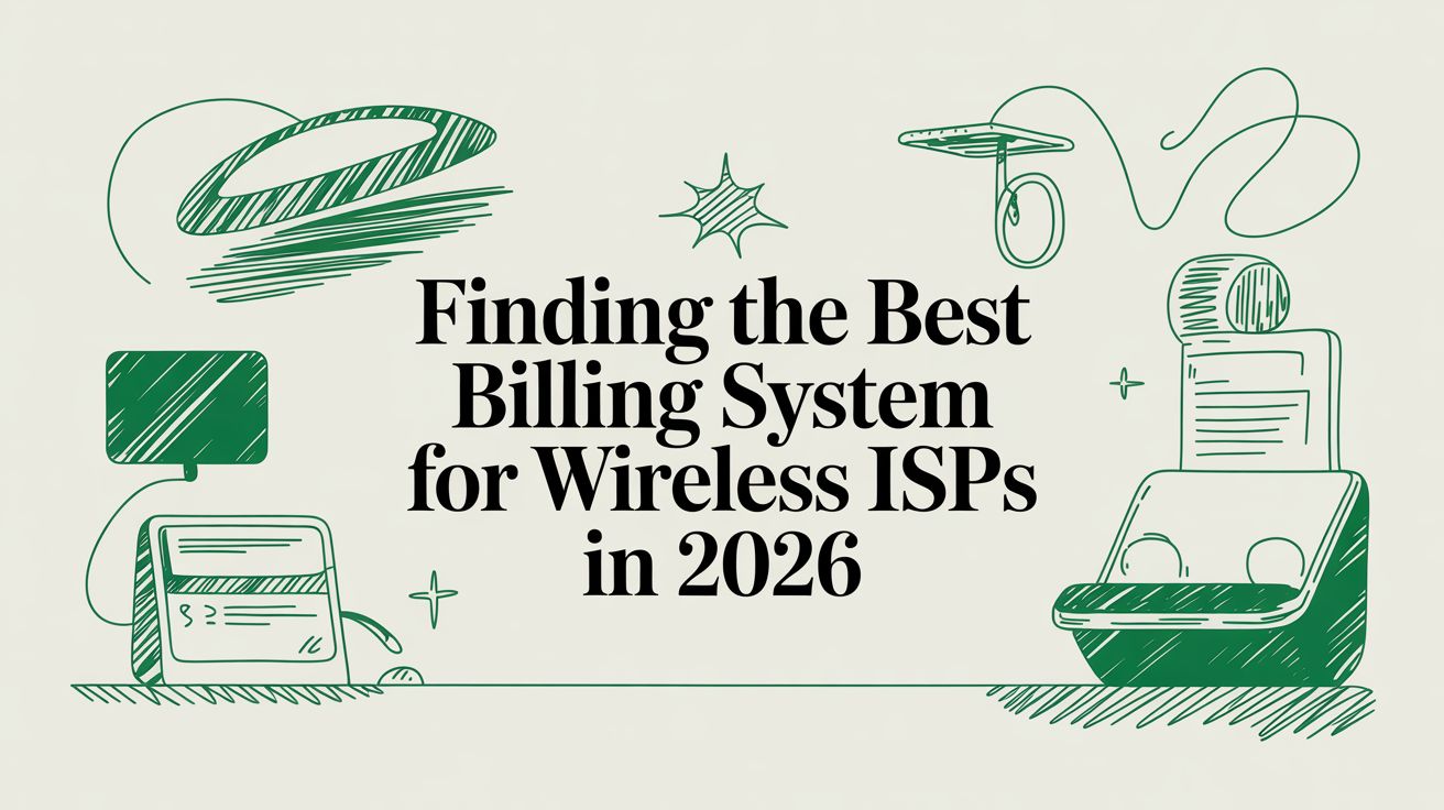 Title card reading “Finding the Best Billing System for Wireless ISPs in 2026” among hand-drawn green sketches of a card reader, a screen and an antenna.