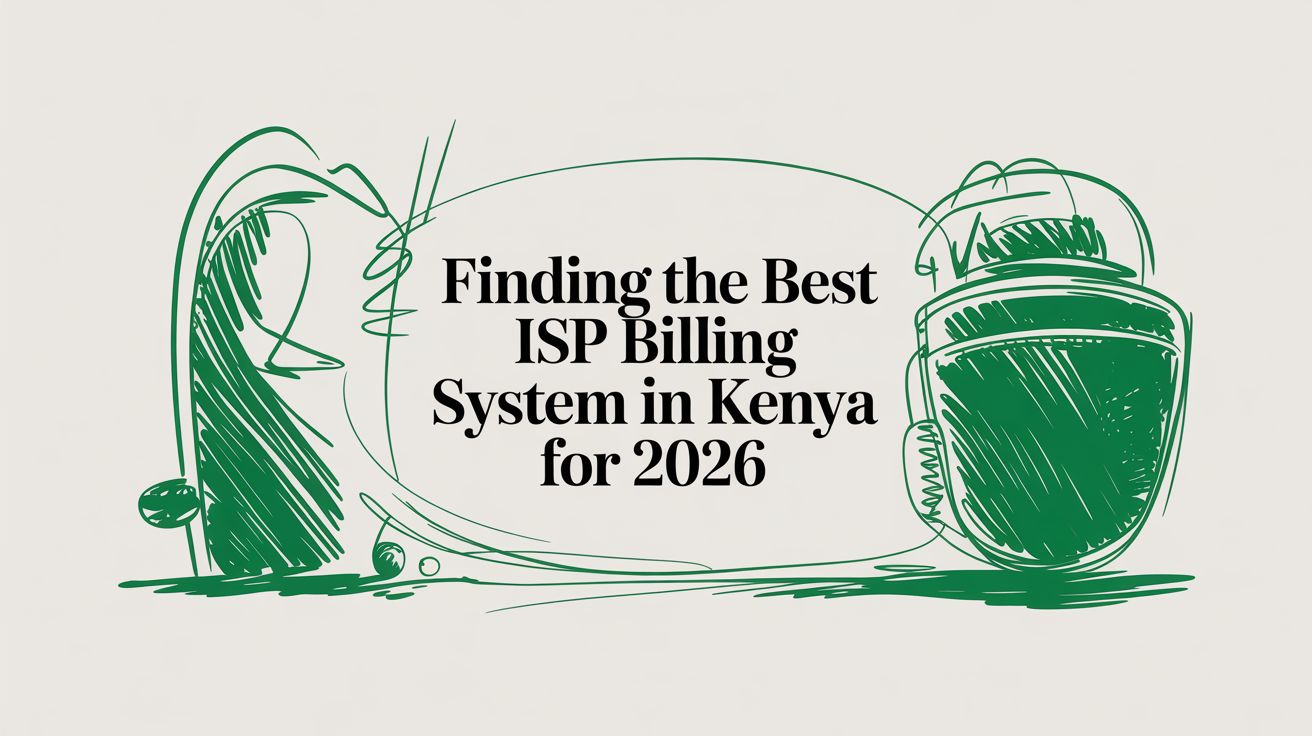 Title card reading “Finding the Best ISP Billing System in Kenya for 2026” inside a loop of hand-drawn green ink beside shaded blocks.