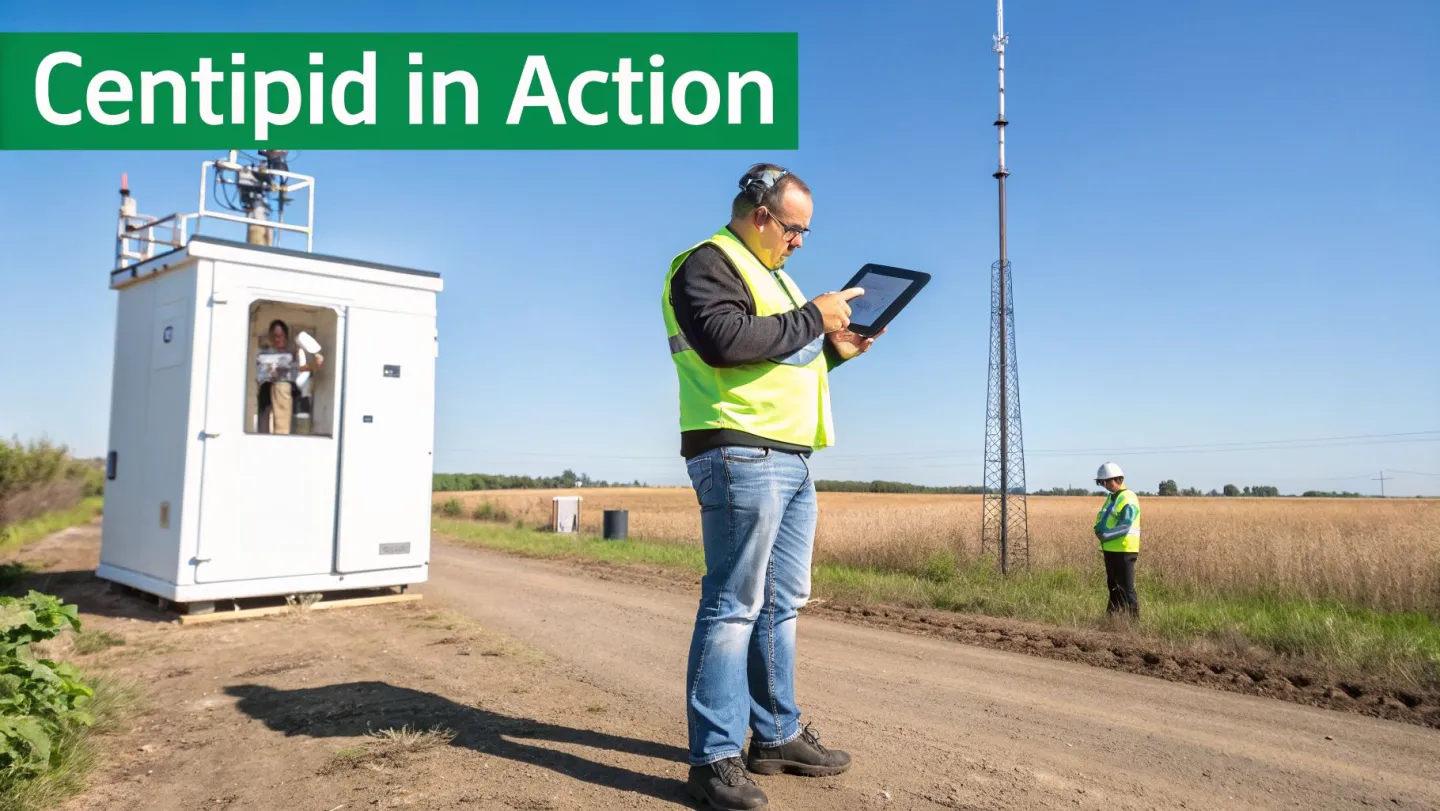 Centipid in Action: Engineers working outdoors with a tablet, portable building, and communication tower.