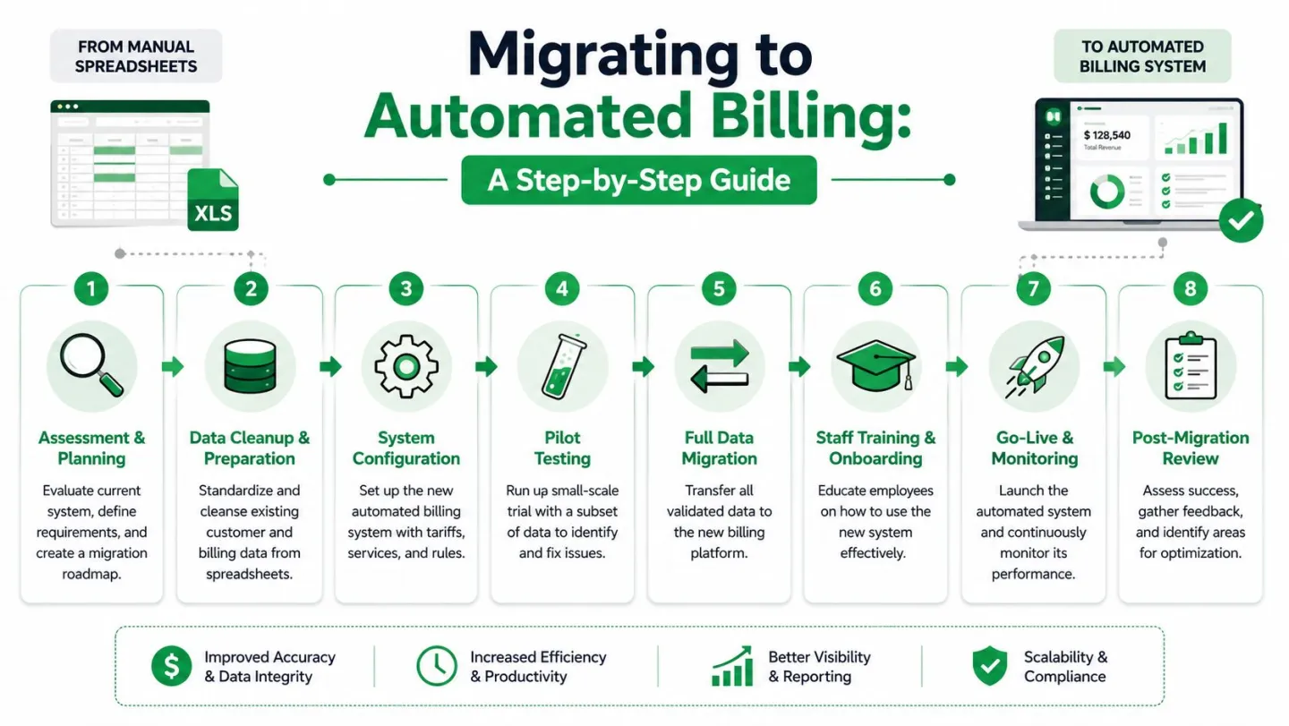 An eight-step infographic illustrating the process of migrating from manual spreadsheets to an automated billing system.