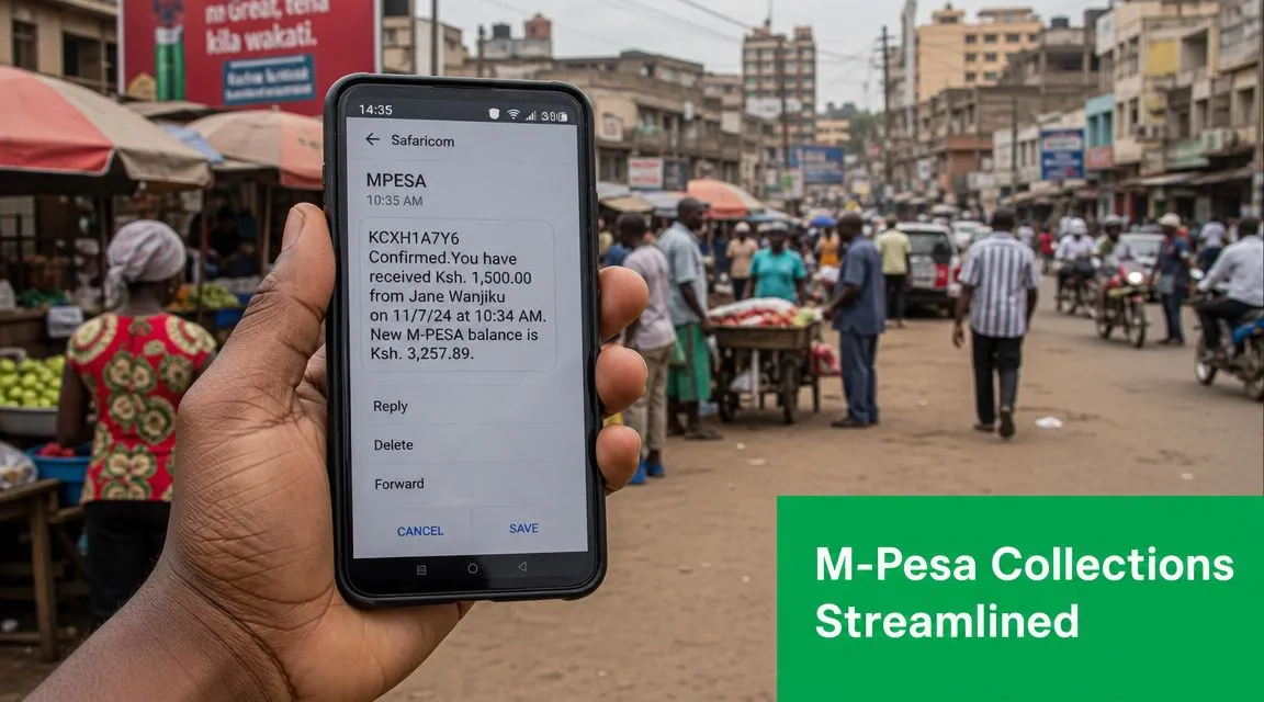 A hand holding a smartphone displaying an M-PESA transaction confirmation notification in a bustling Kenyan market setting.