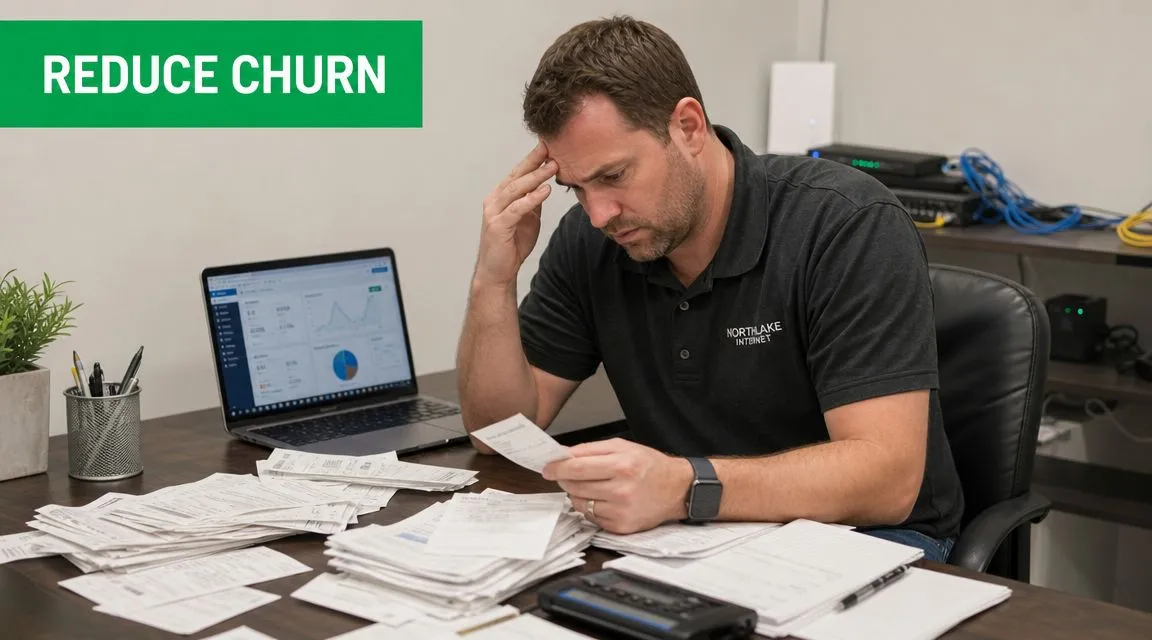 A stressed man looking at a large pile of paperwork on his desk with a laptop
