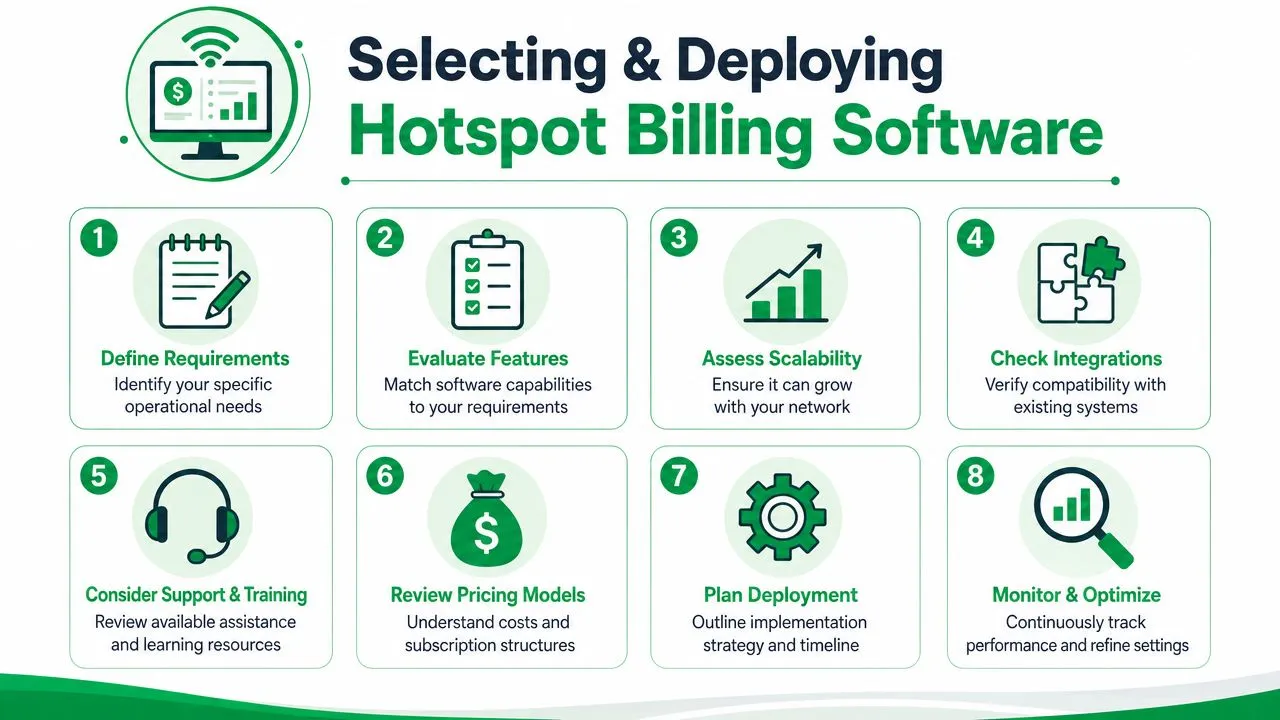 A professional infographic outlining eight key steps for selecting and deploying hotspot billing software for networks.