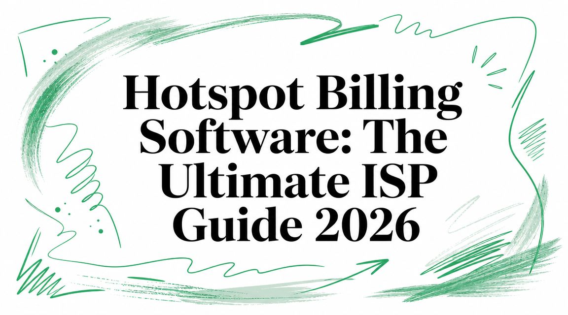 Title card reading “Hotspot Billing Software: The Ultimate ISP Guide 2026” framed by sweeping green brush strokes and a drawn arrow.