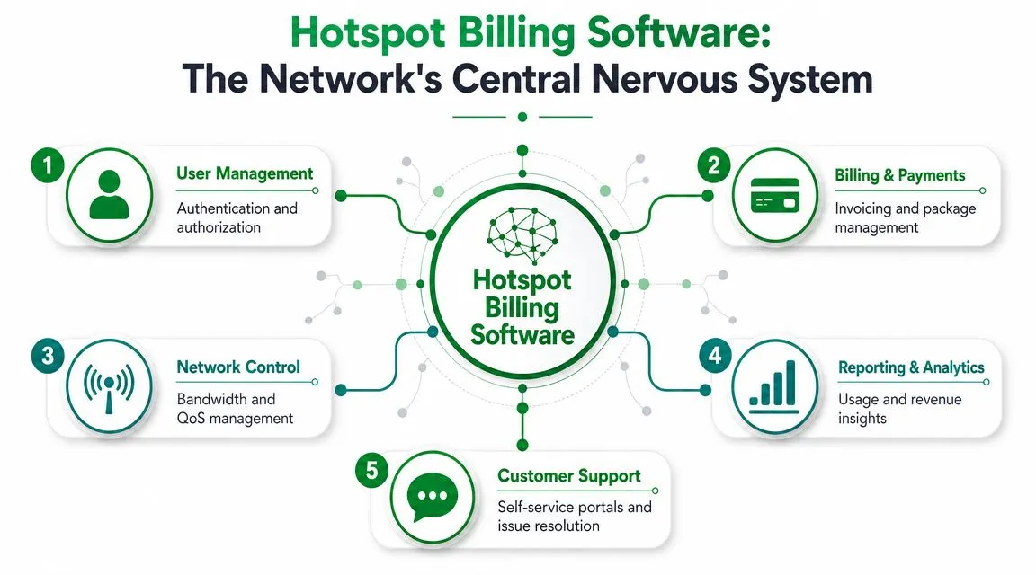 A diagram illustrating the five core components of hotspot billing software for network management and monetization.