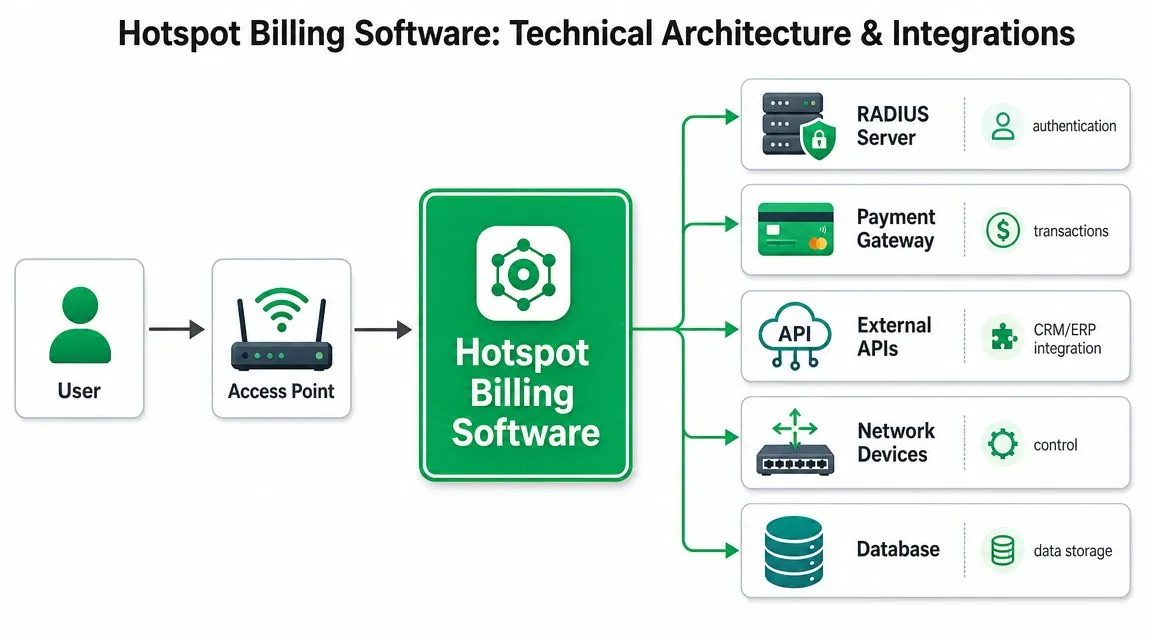 A diagram illustrating the technical architecture and various system integrations for hotspot billing software solutions.