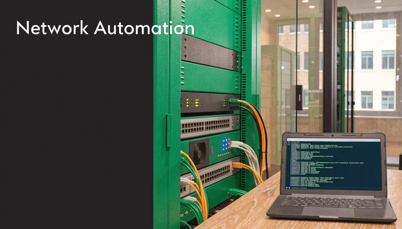 A server rack in a data center with a laptop showing network automation code on screen.