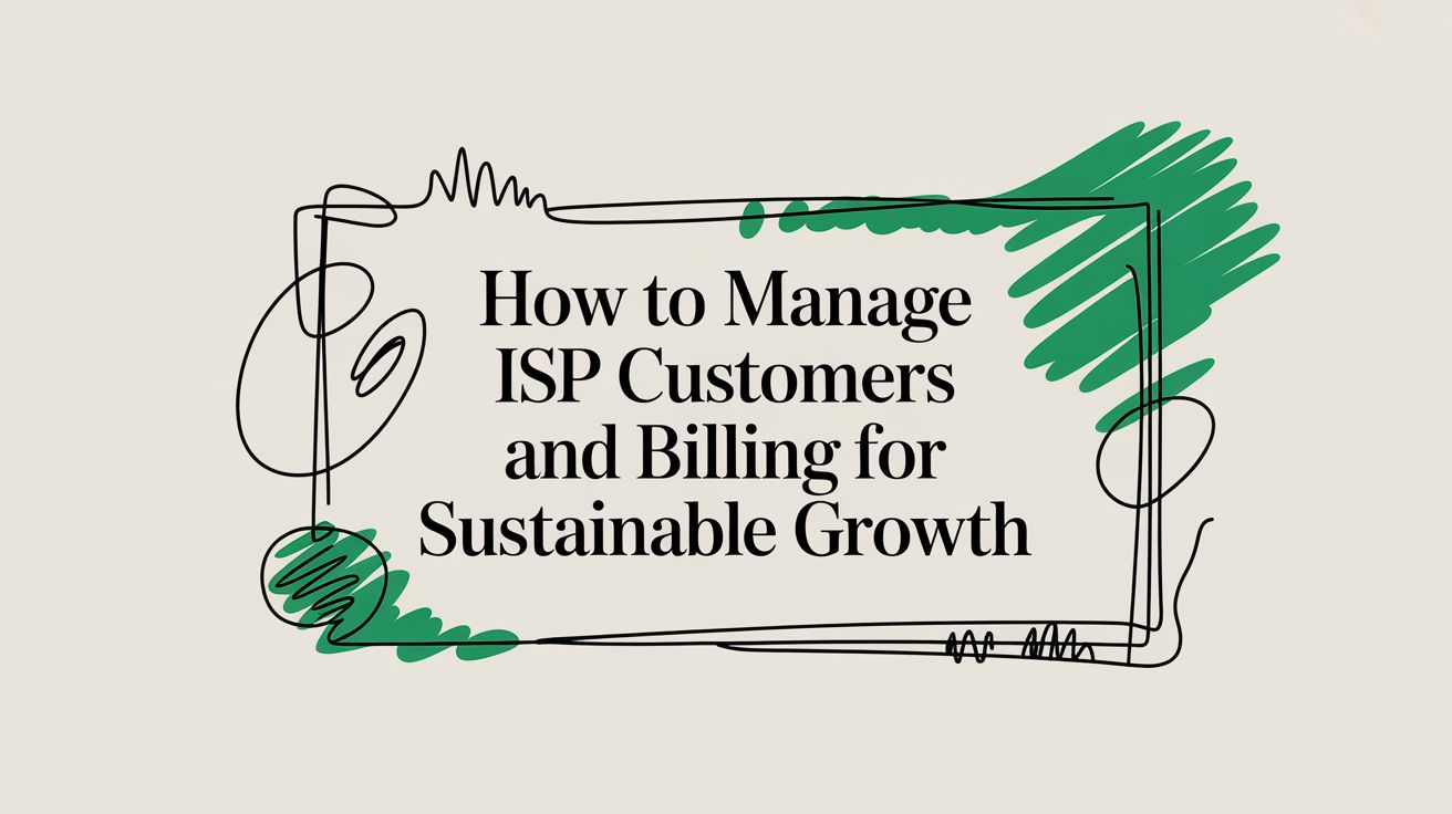 Title card reading “How to Manage ISP Customers and Billing for Sustainable Growth” inside a scribbled hand-drawn frame.