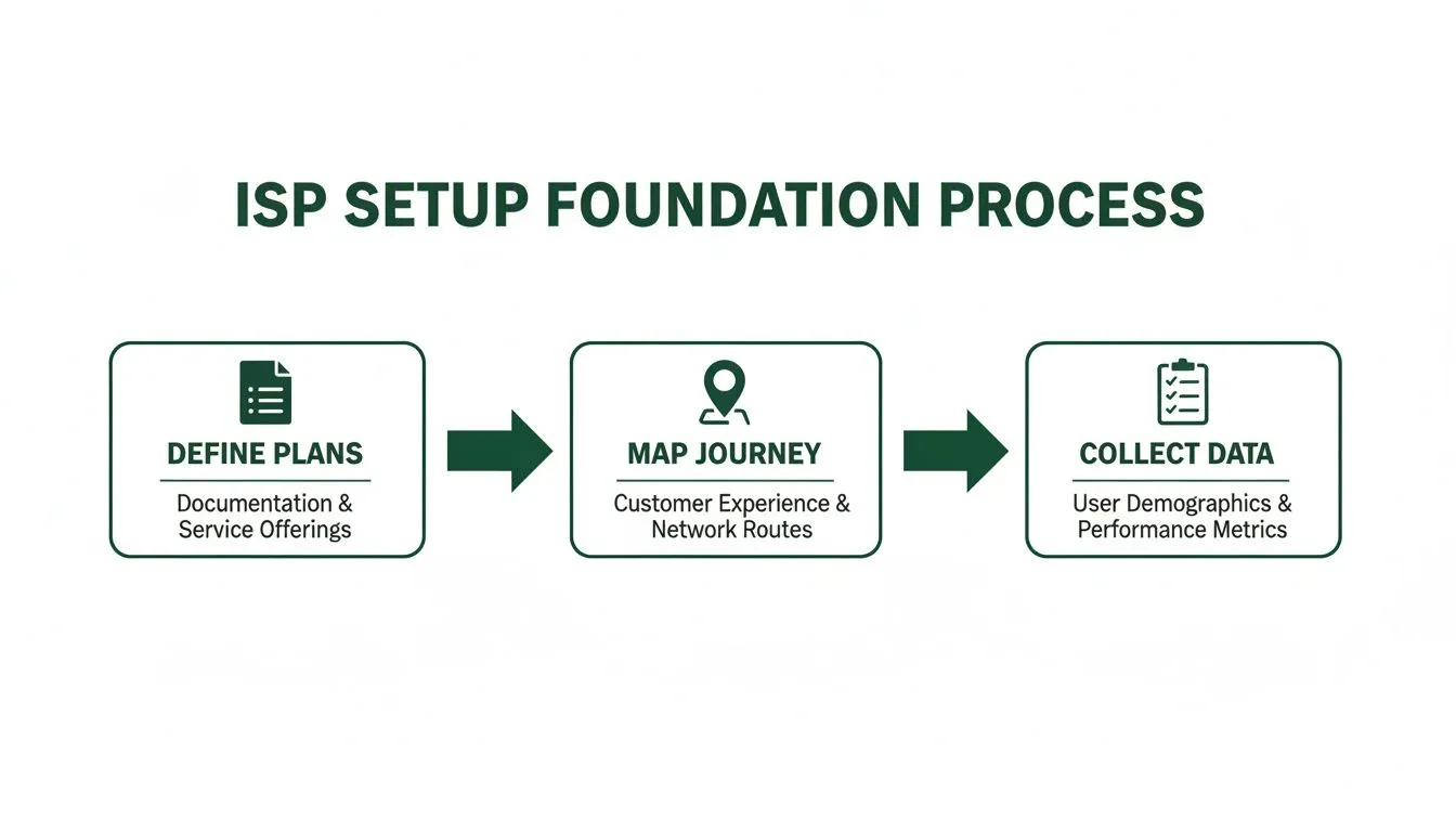 A three-step process for ISP setup foundation: Define Plans, Map Journey, and Collect Data.