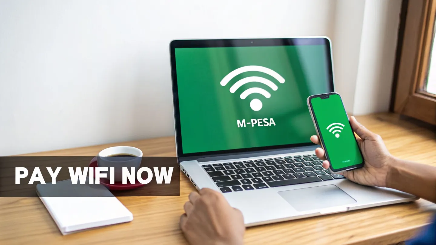 A person pays for WiFi using M-PESA on a laptop and smartphone, with a coffee cup nearby.
