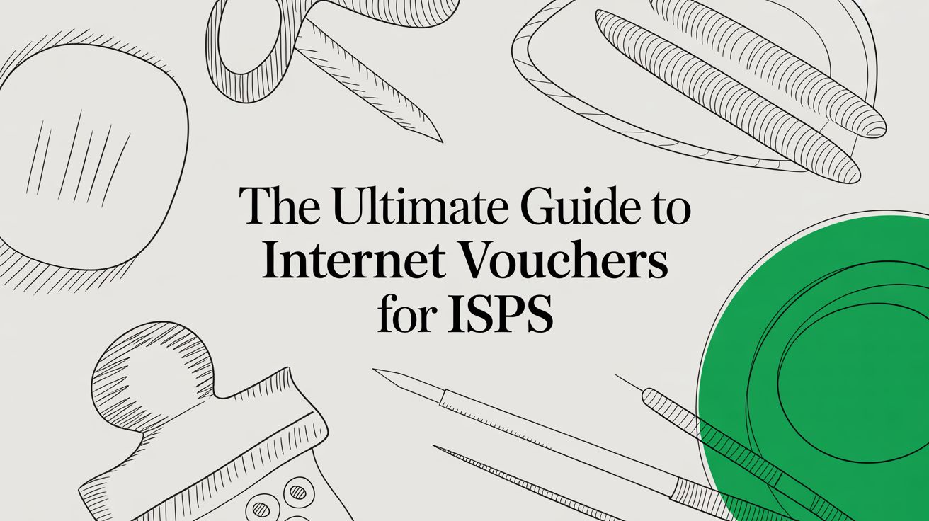 Title card reading “The Ultimate Guide to Internet Vouchers for ISPS” among hand-drawn sketches of pens, a disc and a filled green circle.
