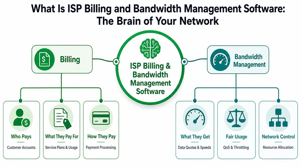 A diagram illustrating how ISP billing and bandwidth management software functions to control network operations and payments.