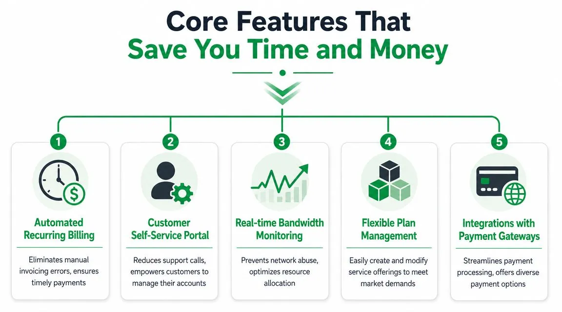 An infographic showing five core features of ISP billing and bandwidth management software for business efficiency.