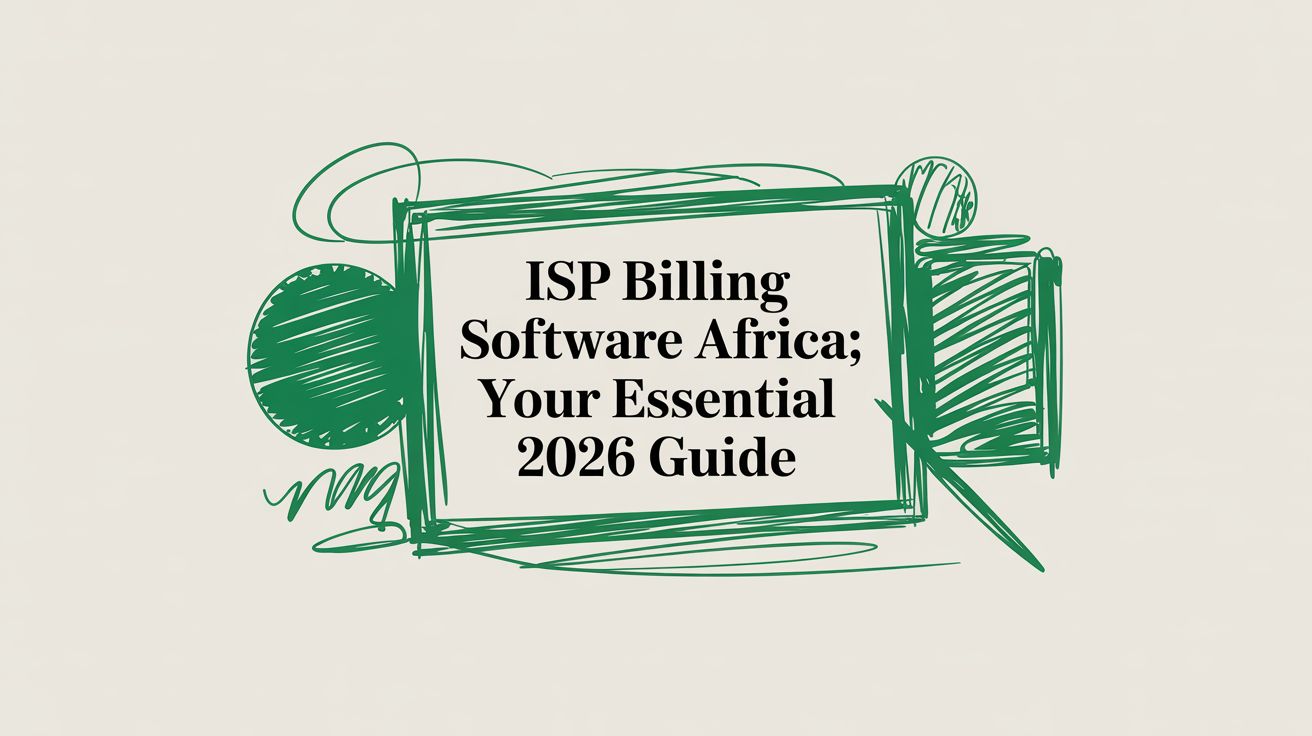Title card reading “ISP Billing Software Africa; Your Essential 2026 Guide” on a hand-drawn green sketch of a monitor.