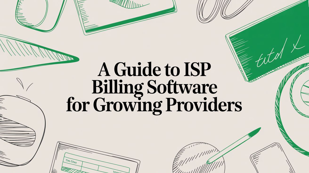Title card reading “A Guide to ISP Billing Software for Growing Providers” among hand-drawn sketches of a tablet, a notebook and a pen.