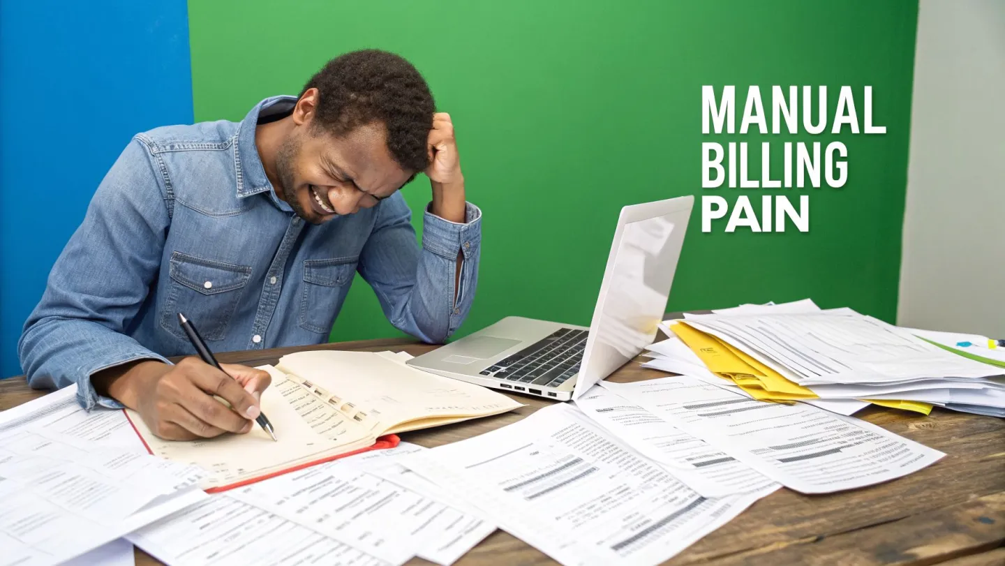 A man overwhelmed and stressed by manual billing and excessive paperwork at his desk.
