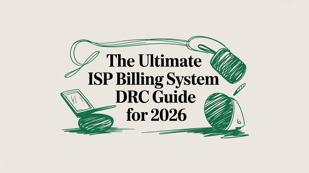 Title card reading “The Ultimate ISP Billing System DRC Guide for 2026” beside hand-drawn green sketches of a laptop and a mouse.