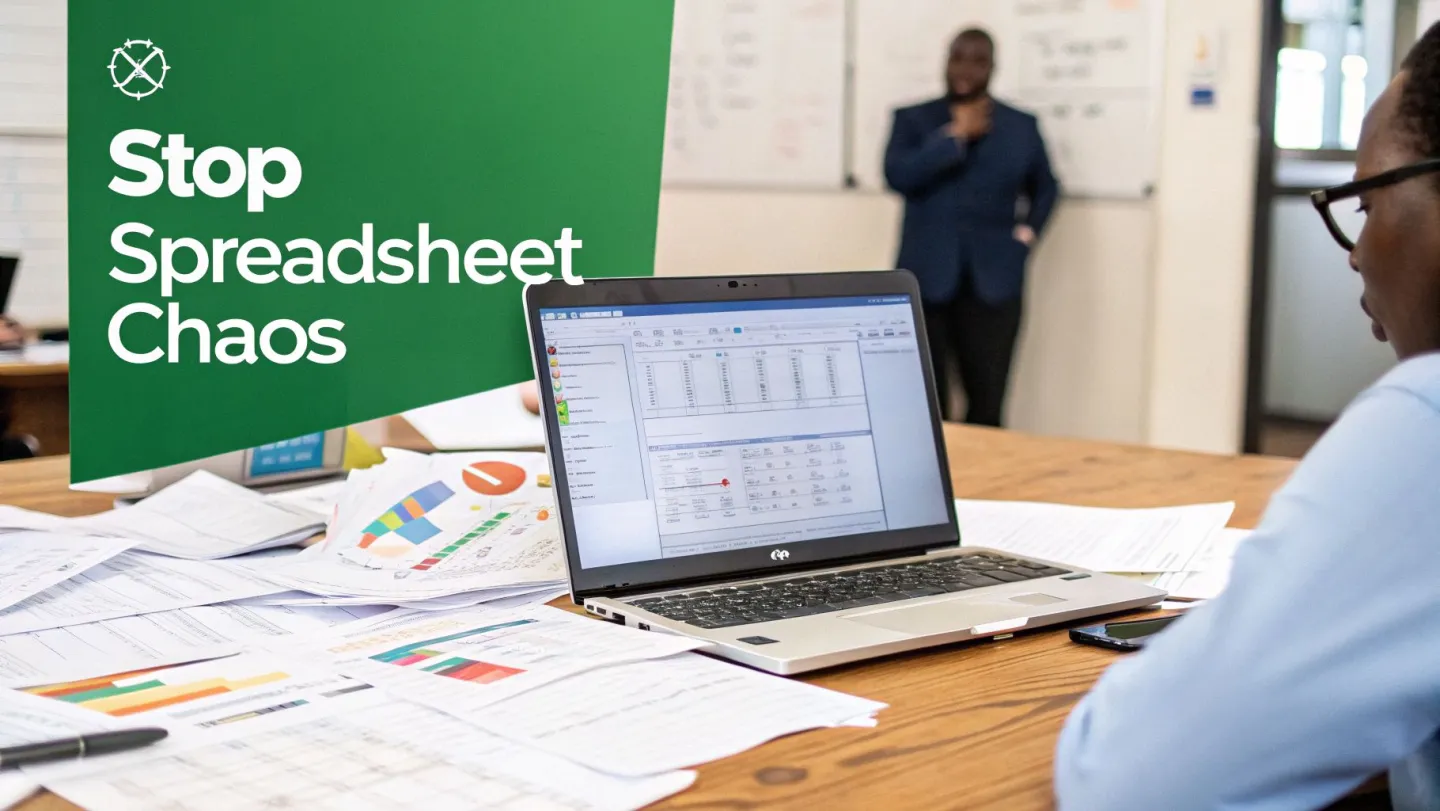 A person works on a laptop displaying a spreadsheet, surrounded by messy papers, with a banner saying 'Stop Spreadsheet Chaos'.
