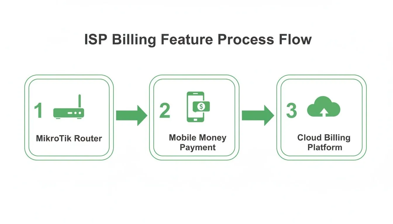 A diagram illustrating the ISP billing feature process flow, from MikroTik router to mobile money payment, then to cloud billing platform.