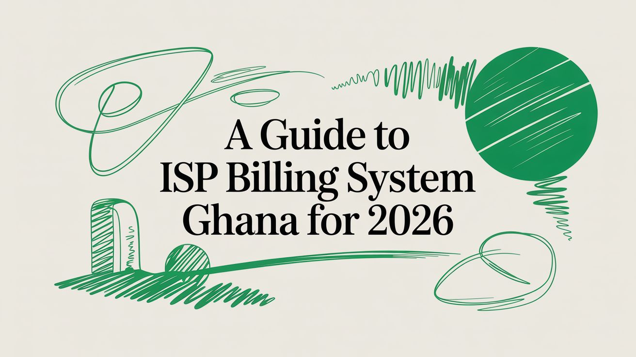 Title card reading “A Guide to ISP Billing System Ghana for 2026” among hand-drawn green loops and a filled circle over sketched ground.