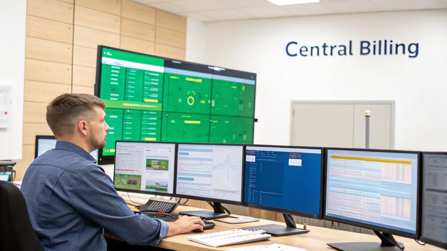 A man monitors data on multiple computer screens in a modern central billing control room.