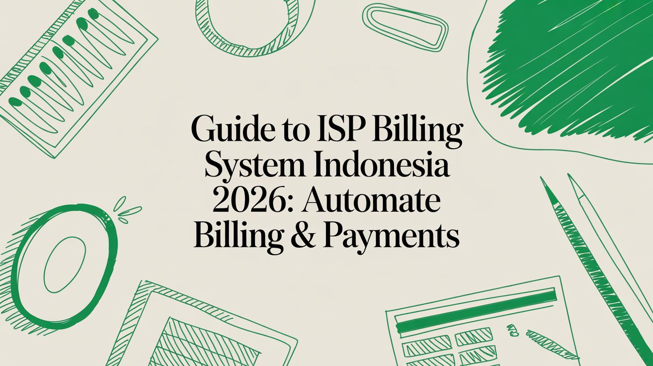 Title card reading “Guide to ISP Billing System Indonesia 2026: Automate Billing & Payments” among hand-drawn sketches of a card reader and stationery.