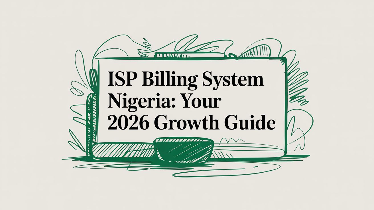 Title card reading “ISP Billing System Nigeria: Your 2026 Growth Guide” on a hand-drawn green sketch of a laptop in foliage.