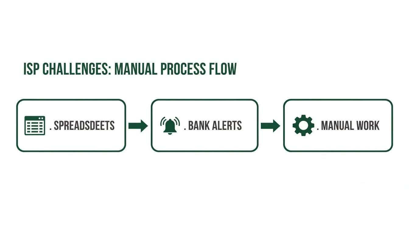 Flowchart illustrating ISP challenges, detailing a manual process from spreadsheets to bank alerts and manual work.