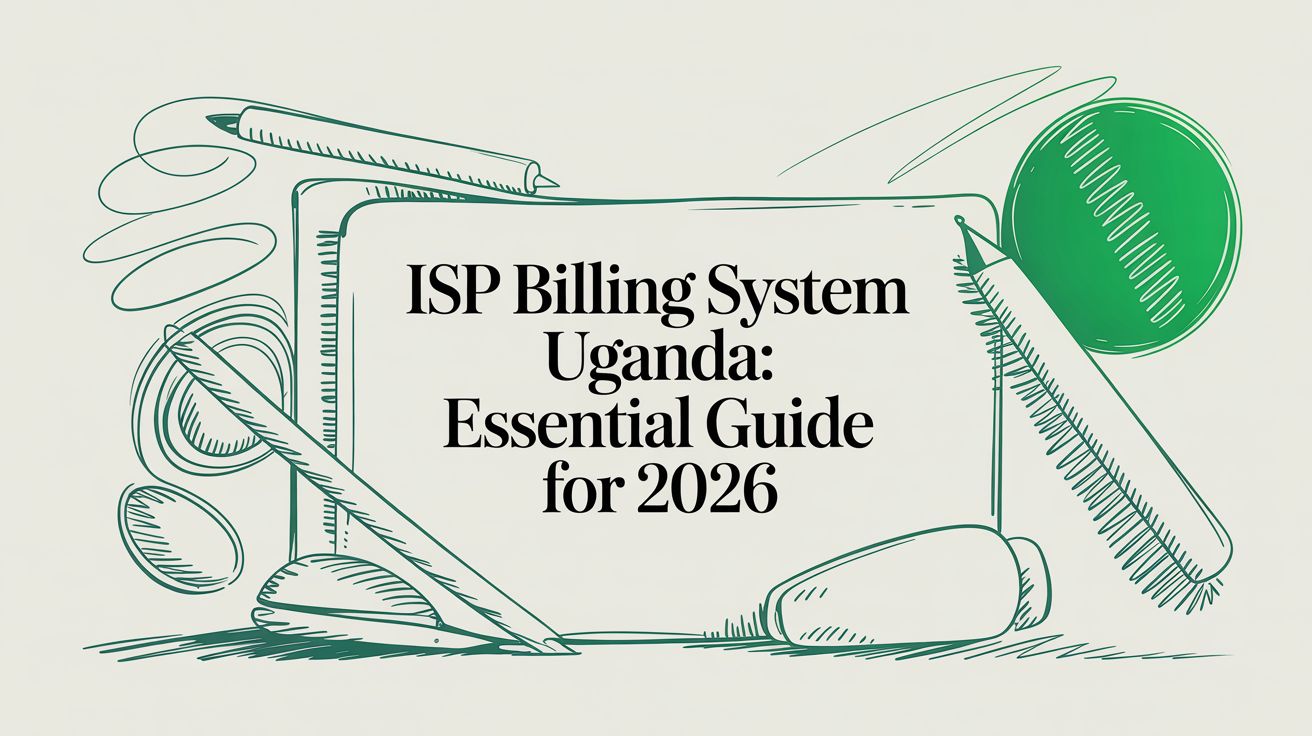 Title card reading “ISP Billing System Uganda: Essential Guide for 2026” on a hand-drawn green sketch of a tablet, a pen and stones.