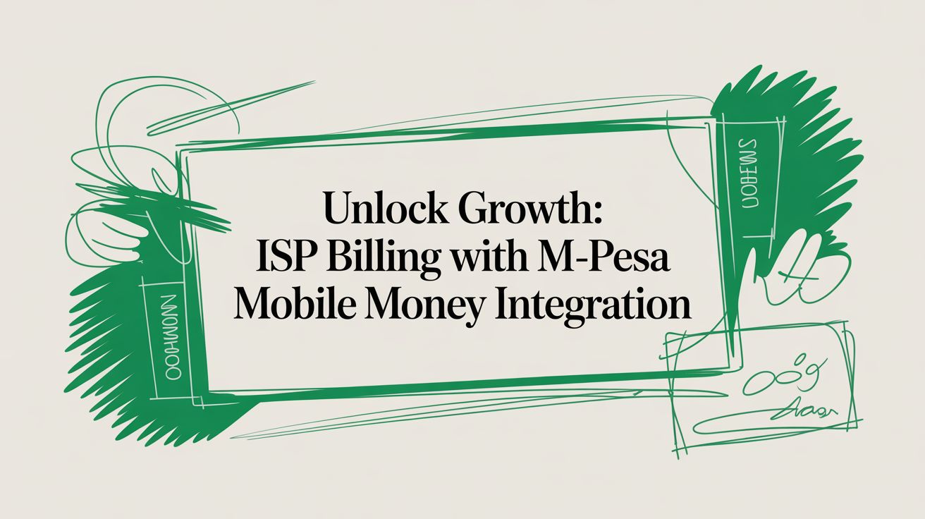 Title card reading “Unlock Growth: ISP Billing with M-Pesa Mobile Money Integration” on a hand-drawn green sketch of a screen and scribbled shading.