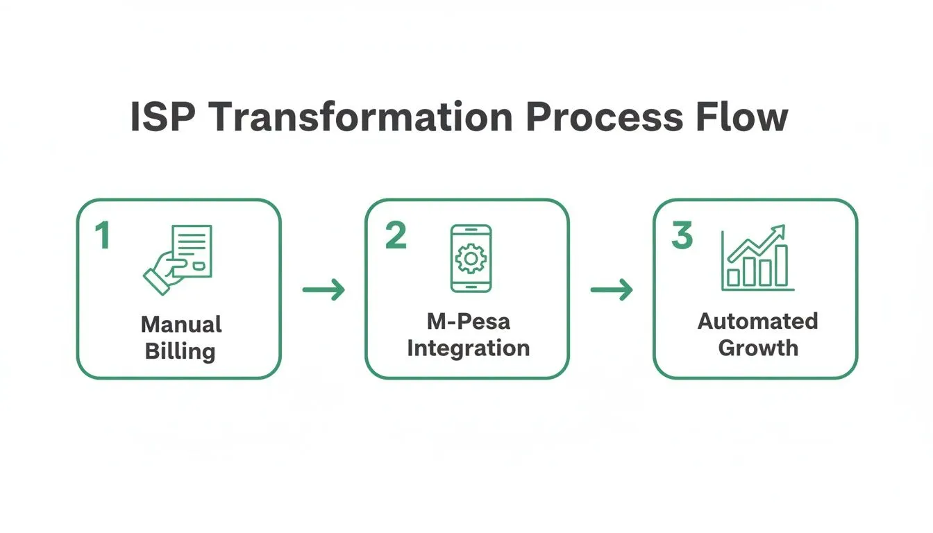 Flowchart illustrating ISP transformation from manual billing to automated growth via M-PESA integration.