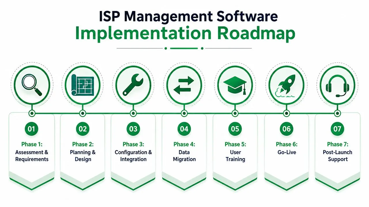A seven-phase ISP management software implementation roadmap displayed as a professional infographic with icons and steps.