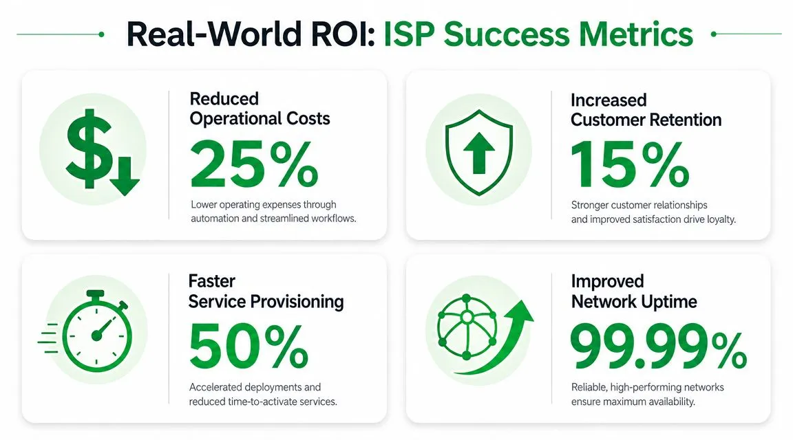 An infographic showing four key performance metrics for ISPs, including operational costs, customer retention, service provisioning, and uptime.