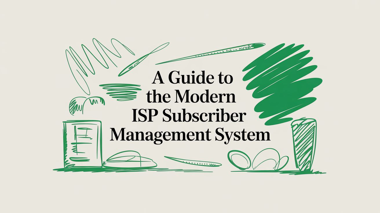 Title card reading “A Guide to the Modern ISP Subscriber Management System” among hand-drawn sketches of pens, a receipt printer and green shading.