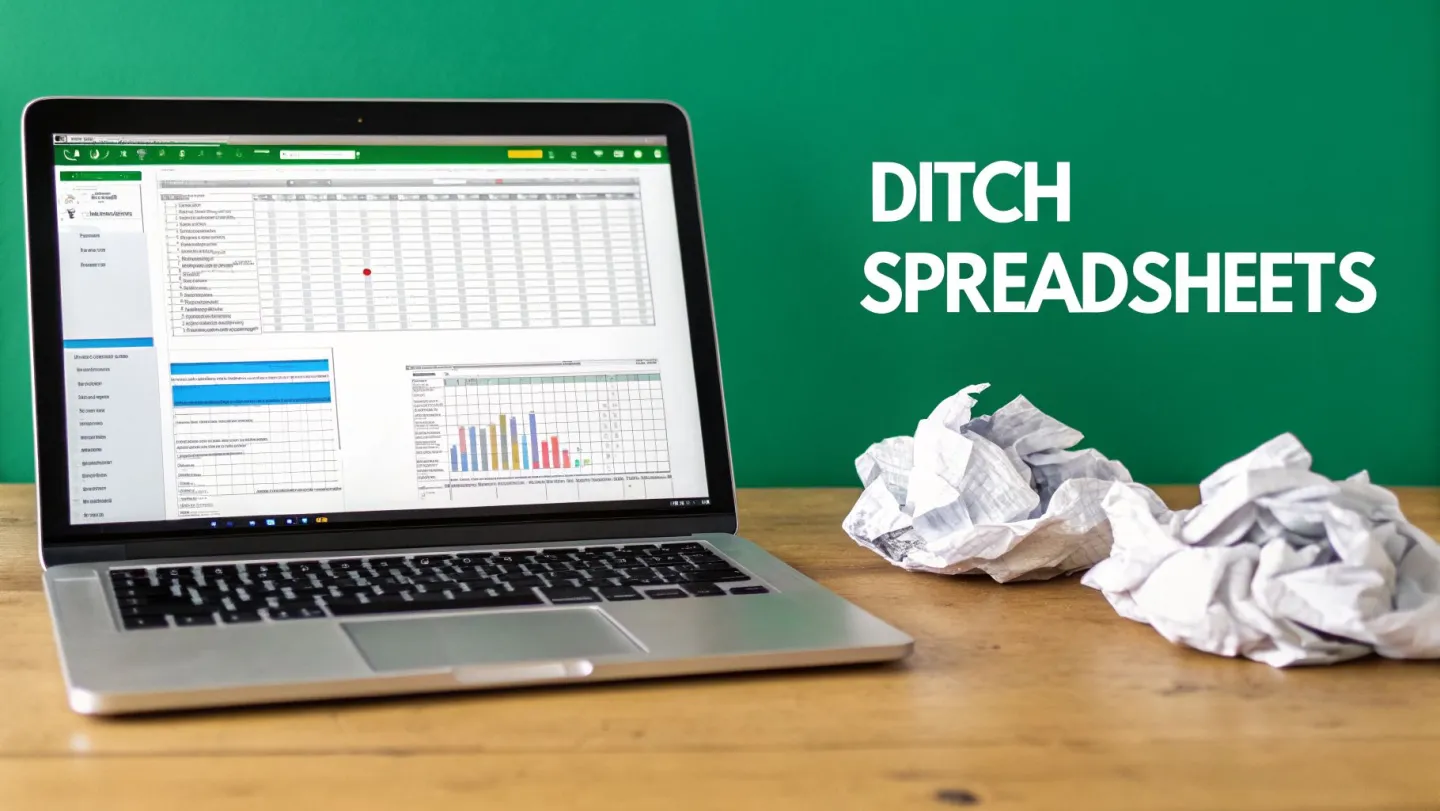 A laptop on a wooden desk displays data and charts, with crumpled papers, against a green background with 'Ditch Spreadsheets' text.