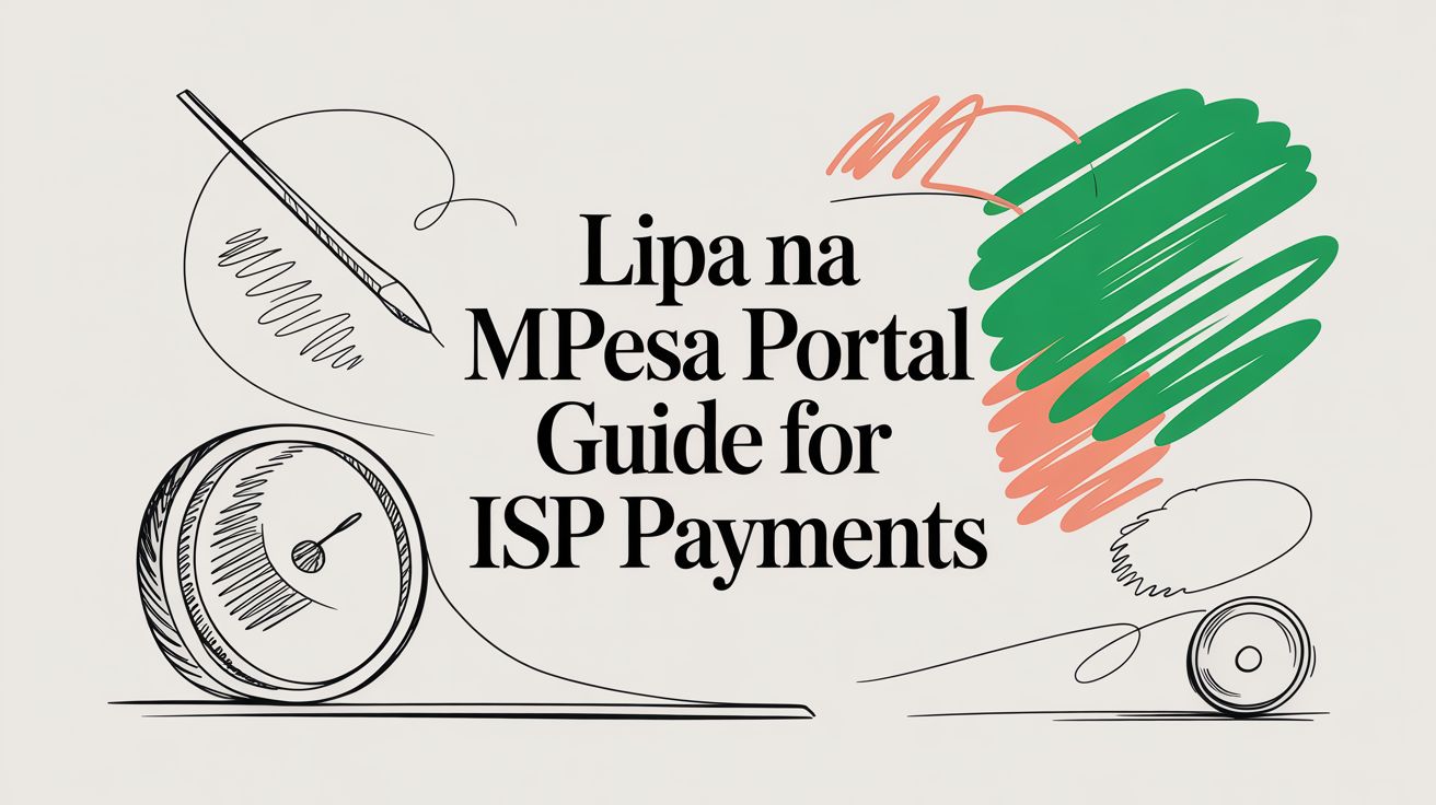 Title card reading “Lipa na MPesa Portal Guide for ISP Payments” beside hand-drawn sketches of a brush and a dial, with green and orange scribbles.