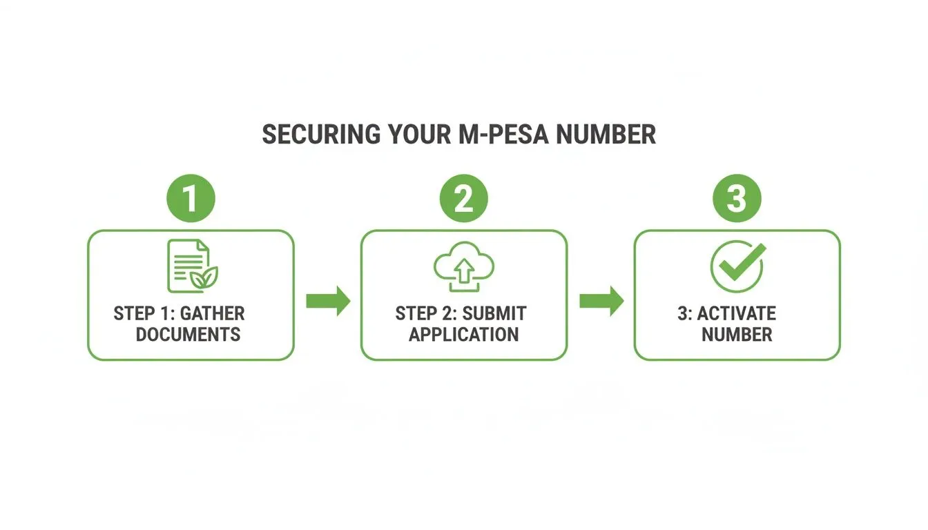 A three-step guide for securing your M-PESA number: gather documents, submit application, and activate.