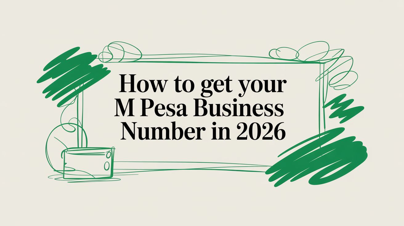 Title card reading “How to get your M Pesa Business Number in 2026” inside a thin hand-drawn frame with green scribbles and a small till.