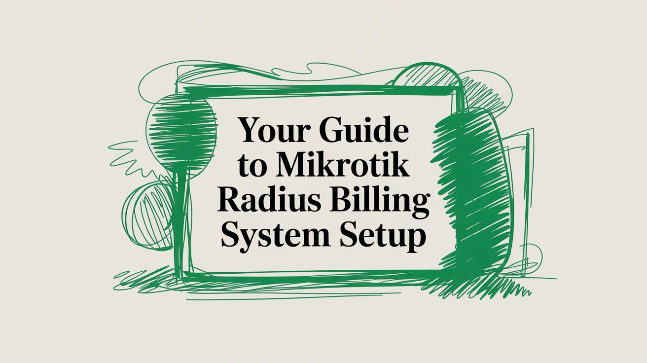 Title card reading “Your Guide to Mikrotik Radius Billing System Setup” inside a hand-drawn green frame among sketched stones.