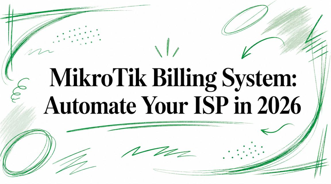 Title card reading “MikroTik Billing System: Automate Your ISP in 2026” framed by loose green strokes, arrows and dots.
