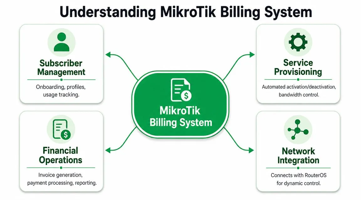 A diagram illustrating the four key components of a MikroTik billing system including management, provisioning, finance, and integration.