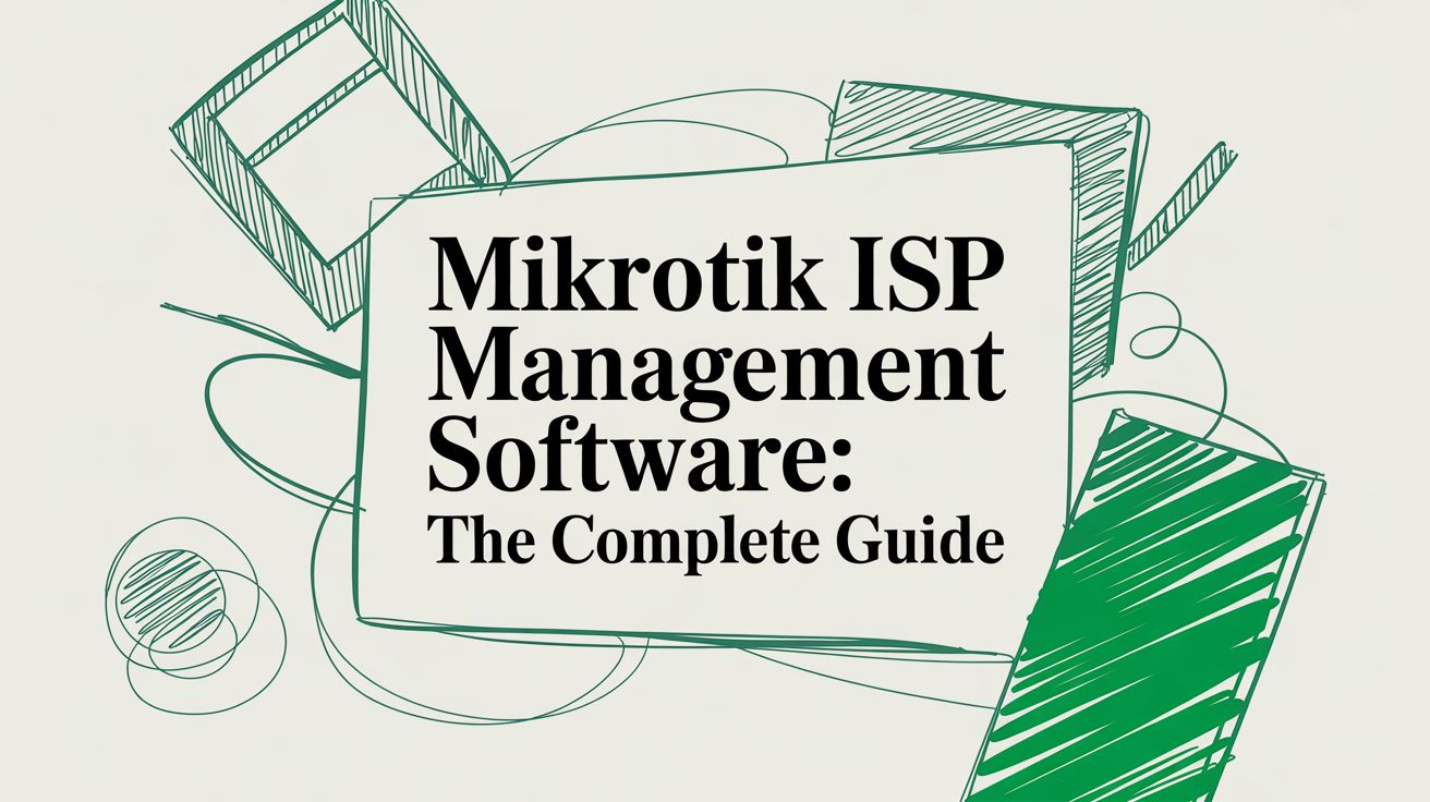 Title card reading “Mikrotik ISP Management Software: The Complete Guide” among hand-drawn green sketches of routers and cabling.