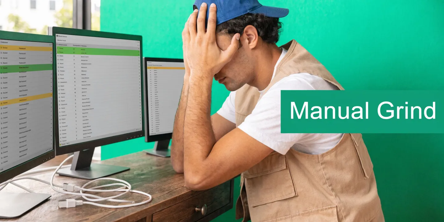 A person sitting at a desk with computer screens, looking stressed while working with software tools.