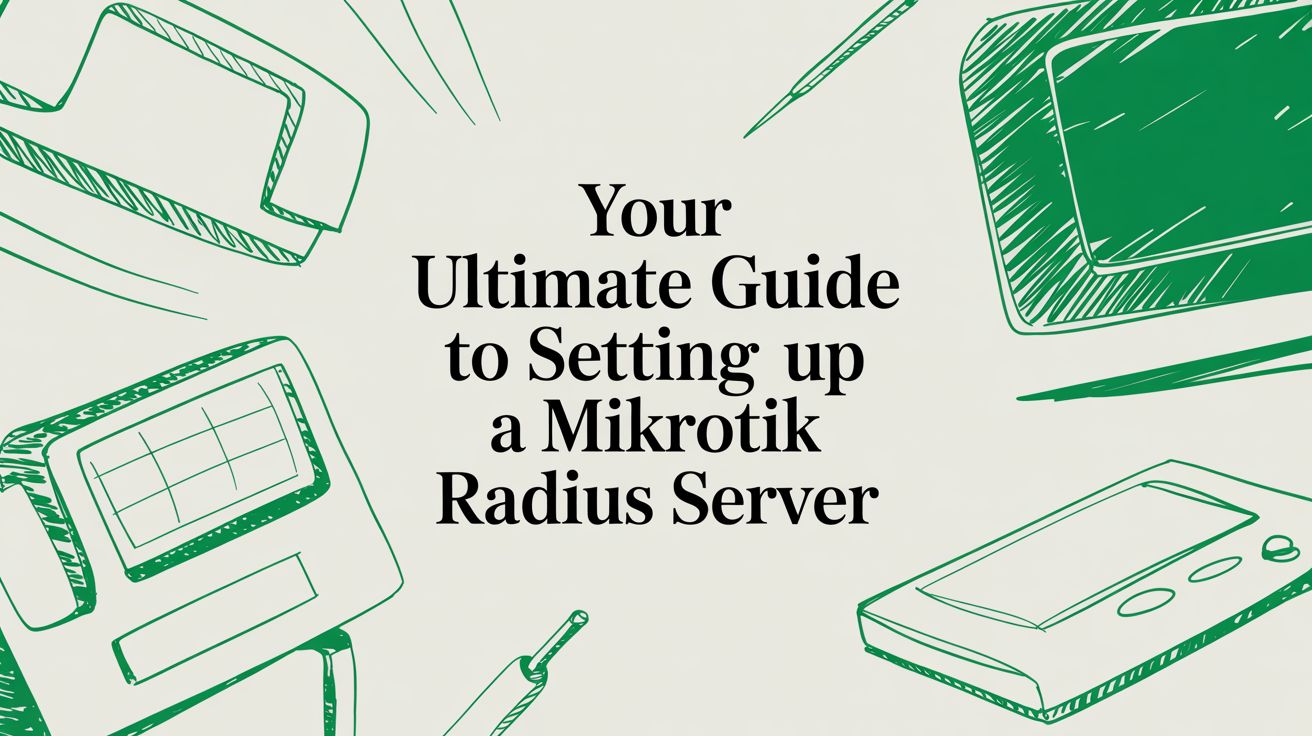 Title card reading “Your Ultimate Guide to Setting up a Mikrotik Radius Server” among hand-drawn green sketches of routers and devices on a desk.