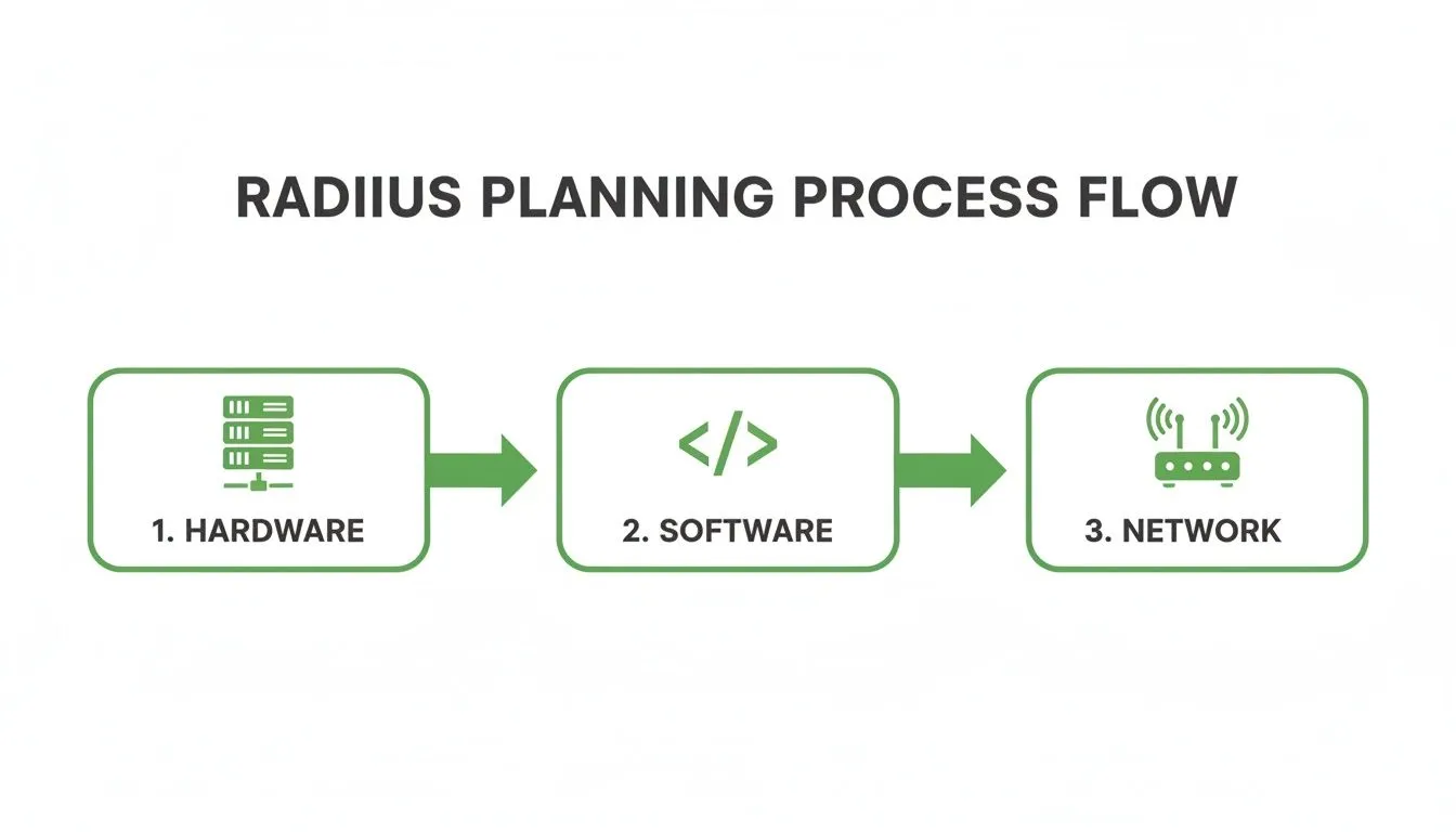 Flowchart illustrating the RADIUS planning process, detailing steps for hardware, software, and network configuration.