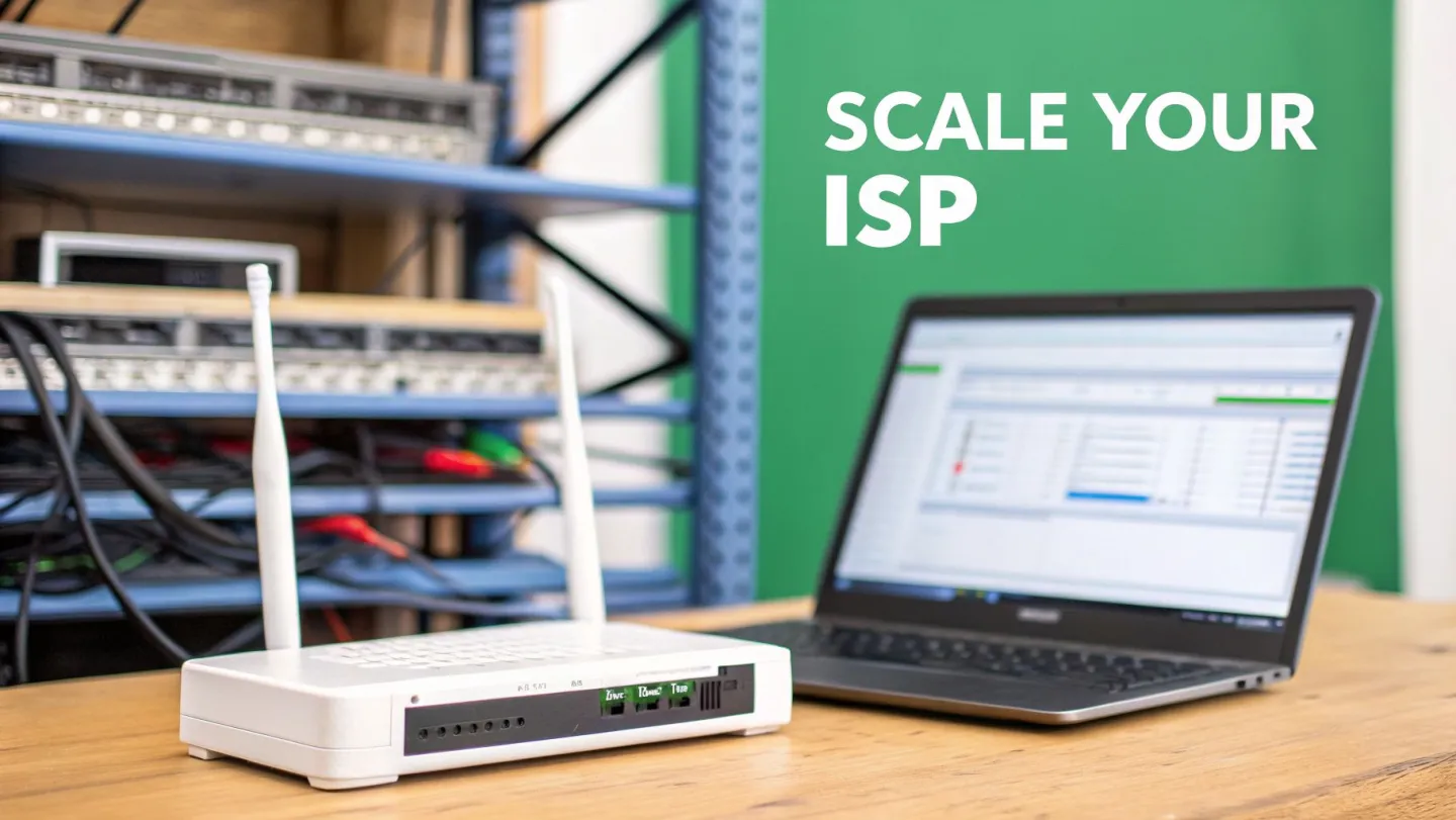 White wireless router, laptop displaying network data, and server racks in an ISP setup.