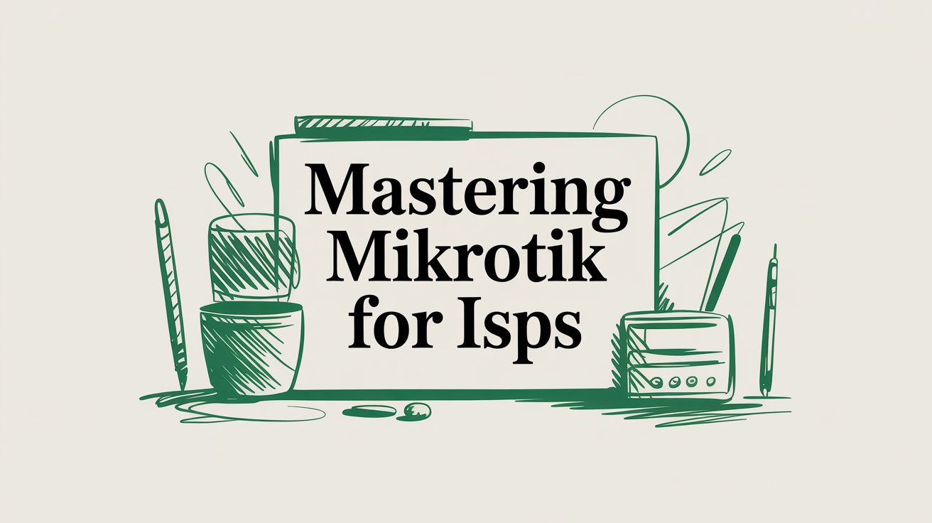 Title card reading “Mastering Mikrotik for Isps” on a hand-drawn green sketch of a tablet, pens and a pot.
